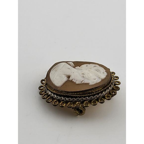 Vintage Shell Cameo Brooch Pendant Gold Tone Filigree Findings Mark - Picture 3 of 6